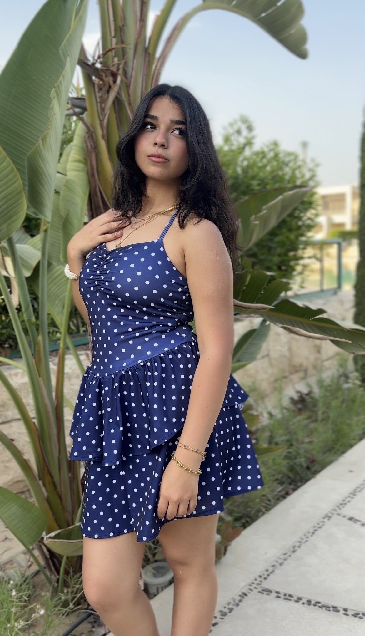 The Twirl Swim Dress in Navy blue polka dots